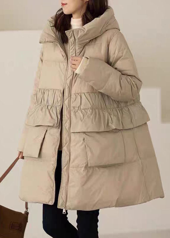 Women khaki Zippered Patchwork Pockets Hooded Parka Winter