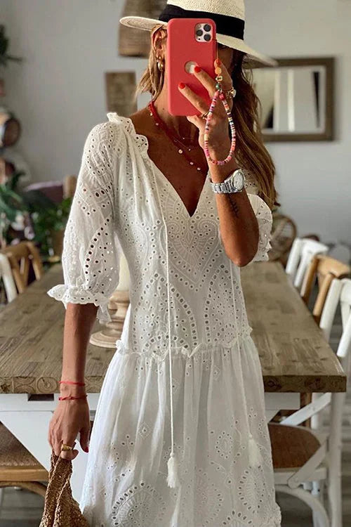 White Eyelet Tassels Tiered Maxi Dress