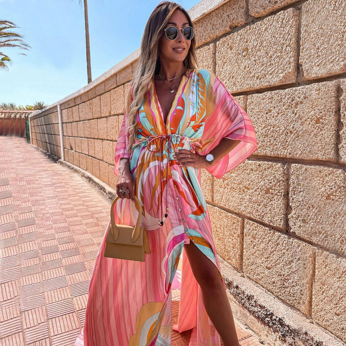 Pink Print Belted Button Down V Neck Maxi Dress