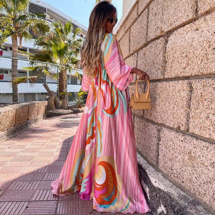 Pink Print Belted Button Down V Neck Maxi Dress