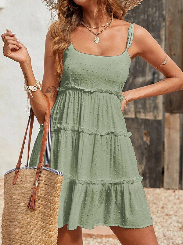 Loose Jacquard Layered Pleated Spaghetti-Neck Mini Dresses