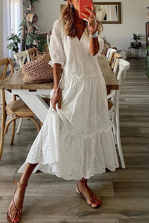 White Eyelet Tassels Tiered Maxi Dress