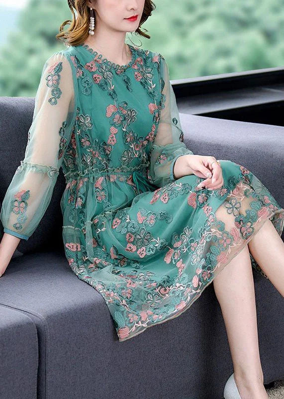 Italian Green Embroidered Tie Waist Tulle Mid Dress