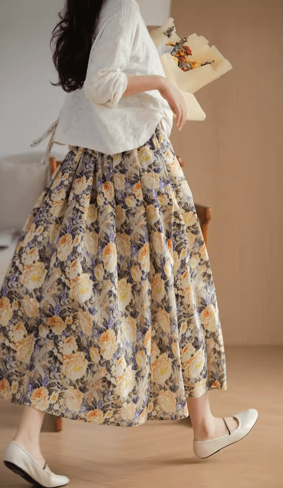 Gold Flower Printed Summer Linen Skirt