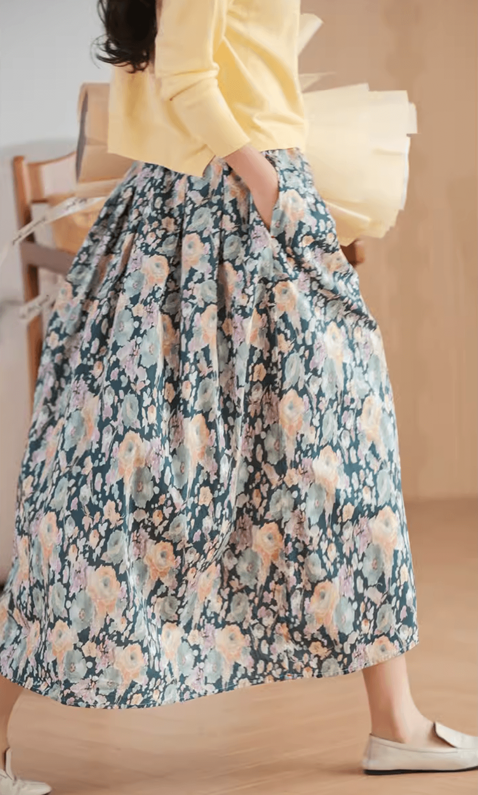 Gold Flower Printed Summer Linen Skirt