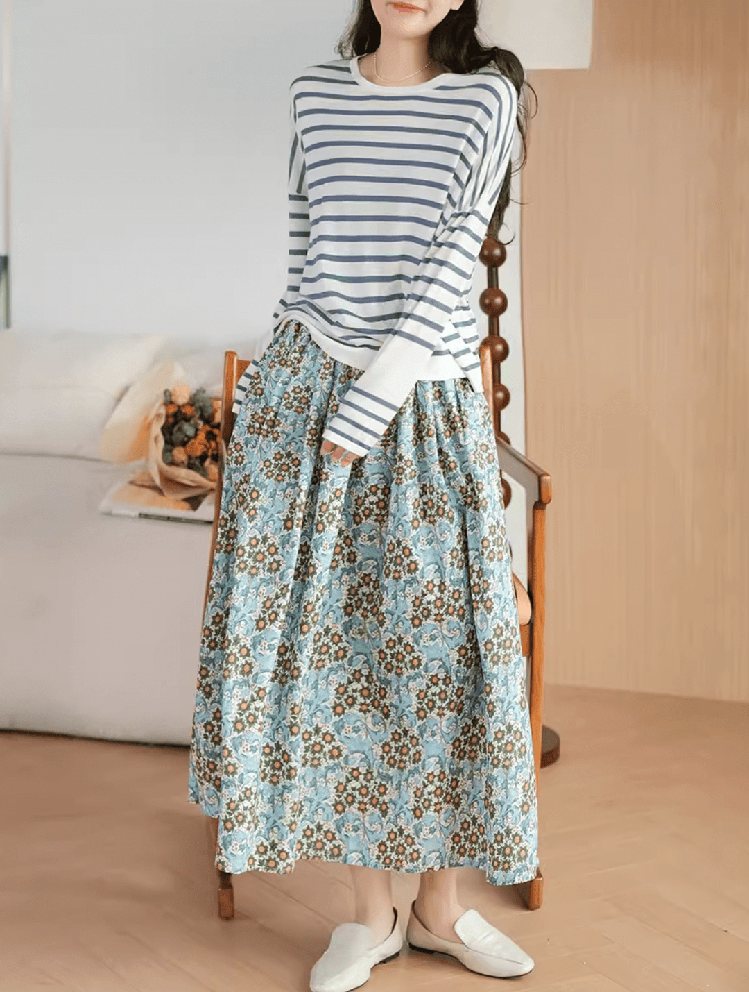 Gold Flower Printed Summer Linen Skirt