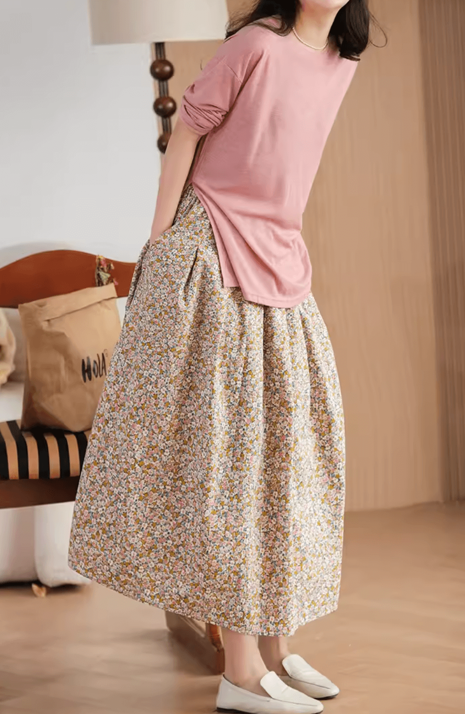 Gold Flower Printed Summer Linen Skirt