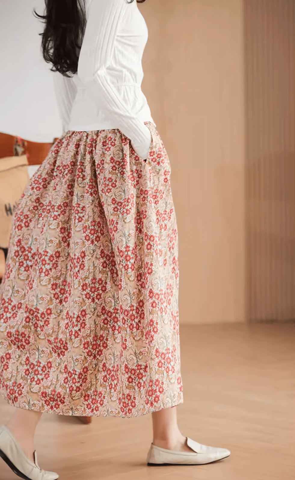 Gold Flower Printed Summer Linen Skirt