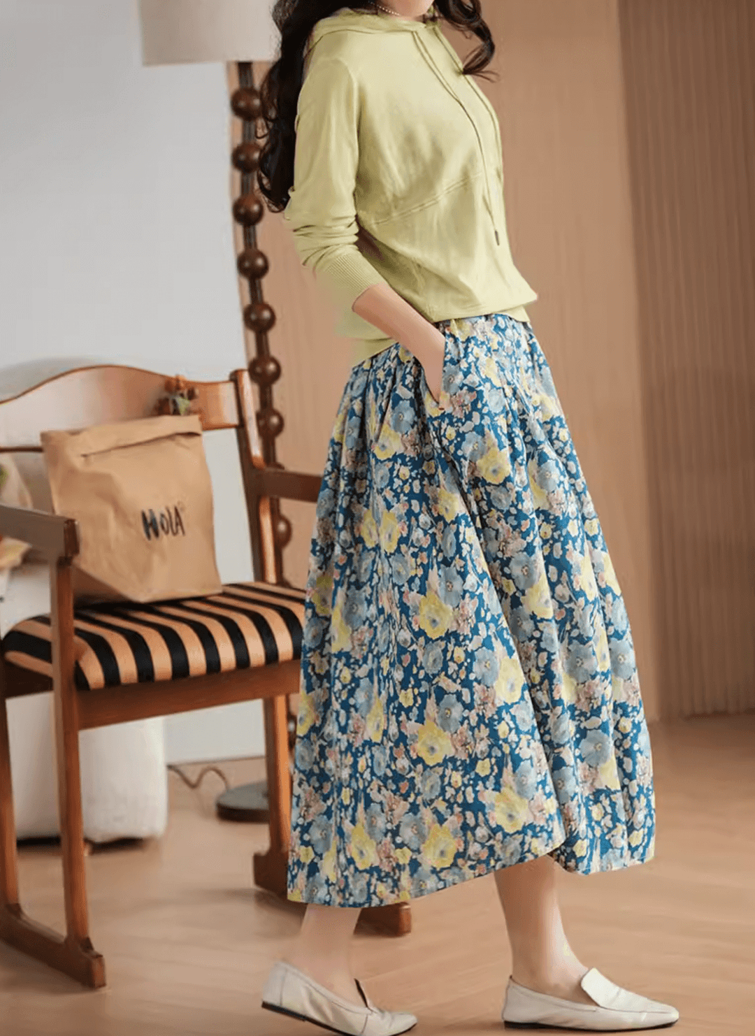 Gold Flower Printed Summer Linen Skirt