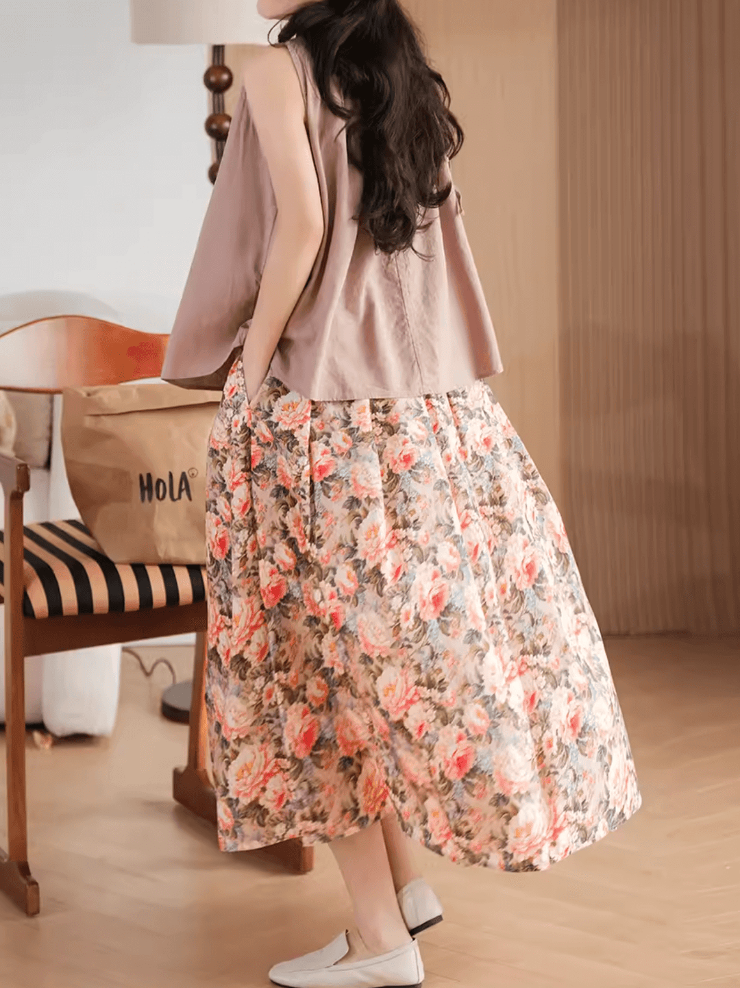 Gold Flower Printed Summer Linen Skirt