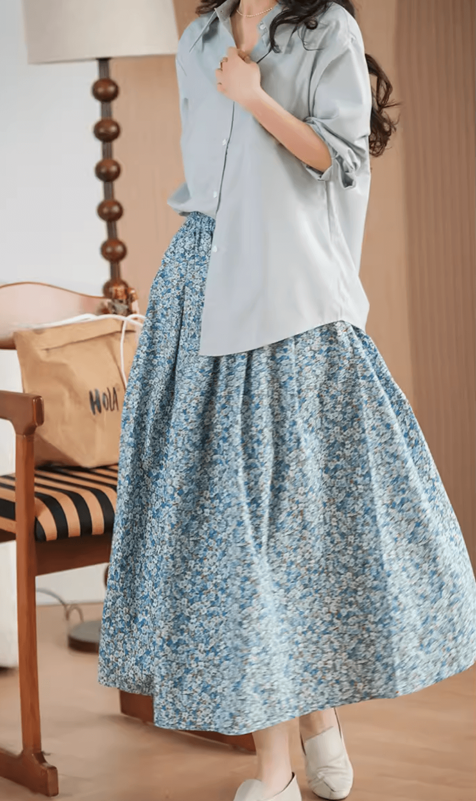 Gold Flower Printed Summer Linen Skirt