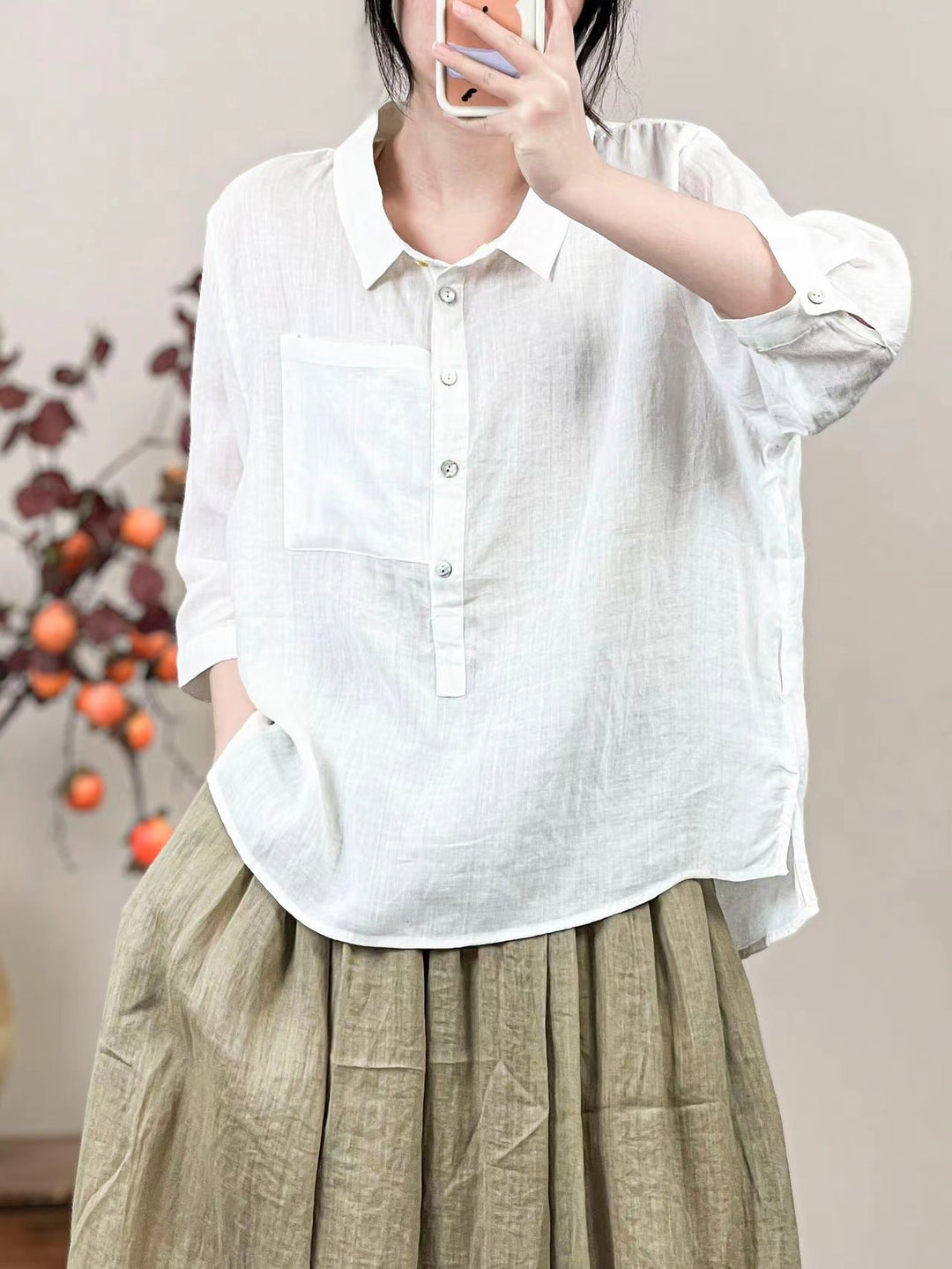 Summer Women Solid Color Retro Linen Shirt