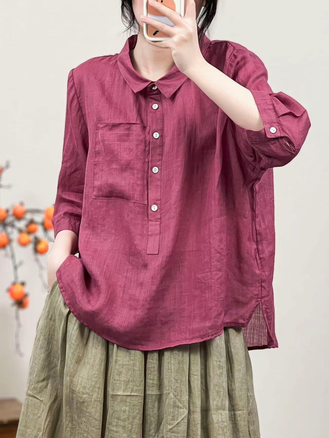 Summer Women Solid Color Retro Linen Shirt
