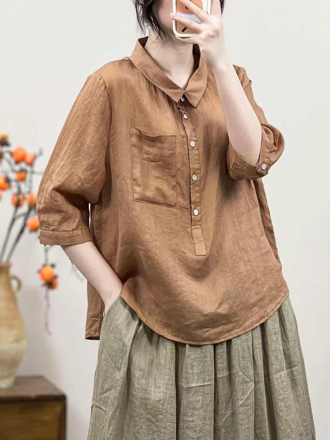 Summer Women Solid Color Retro Linen Shirt