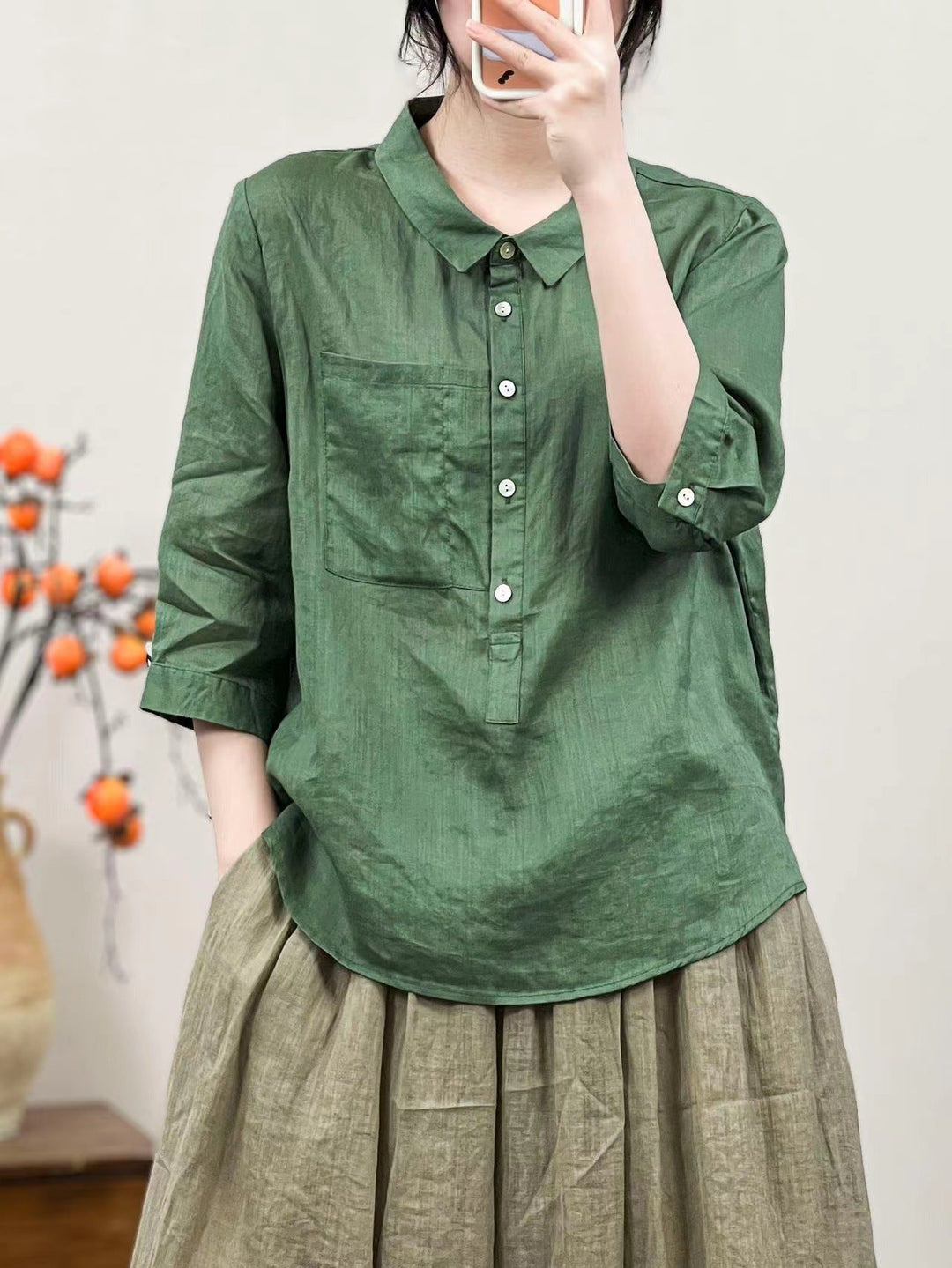 Summer Women Solid Color Retro Linen Shirt