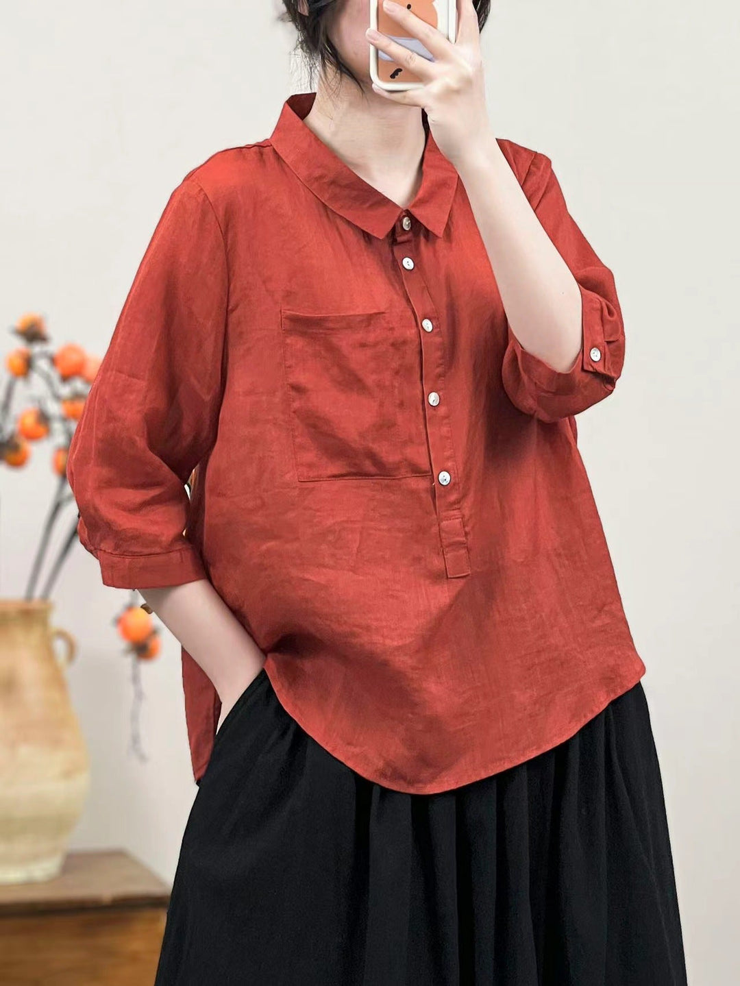 Summer Women Solid Color Retro Linen Shirt