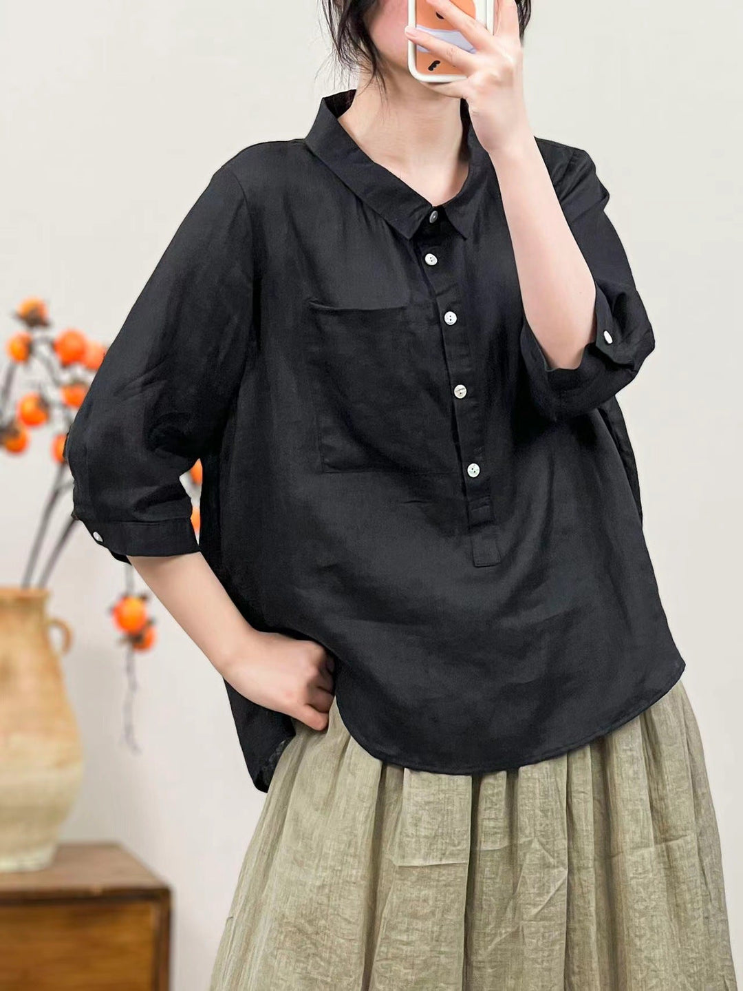 Summer Women Solid Color Retro Linen Shirt