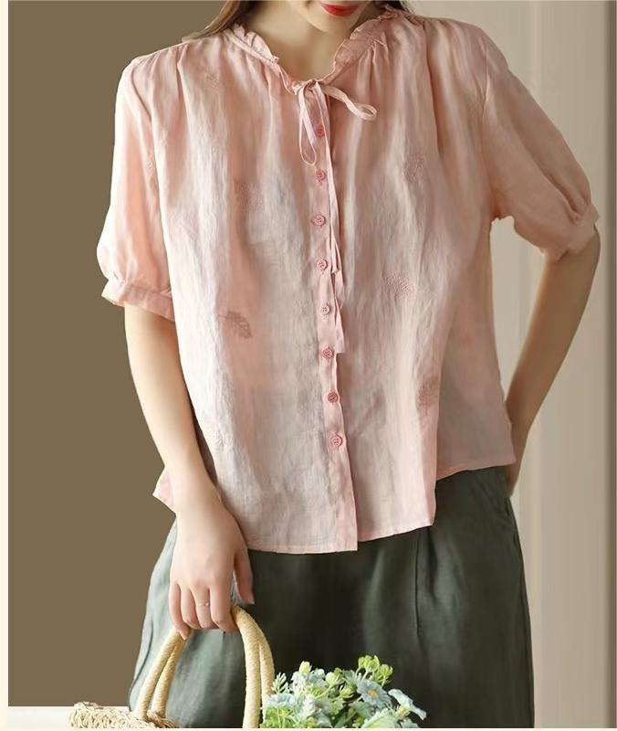 Casual Ramie Embroidered Shirt Short Sleeve