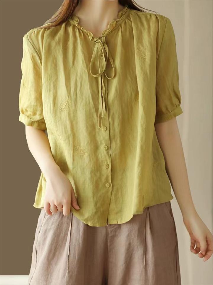 Casual Ramie Embroidered Shirt Short Sleeve