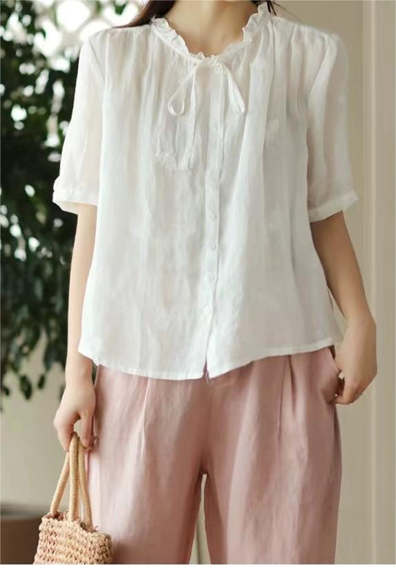 Casual Ramie Embroidered Shirt Short Sleeve