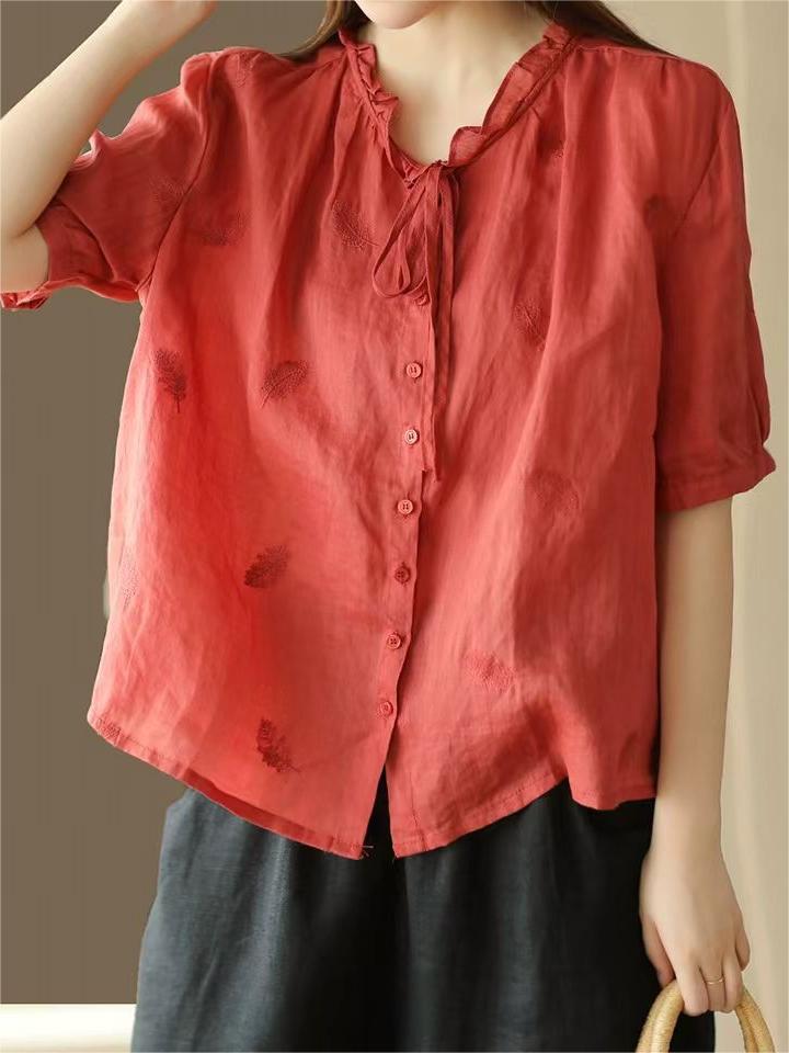 Casual Ramie Embroidered Shirt Short Sleeve