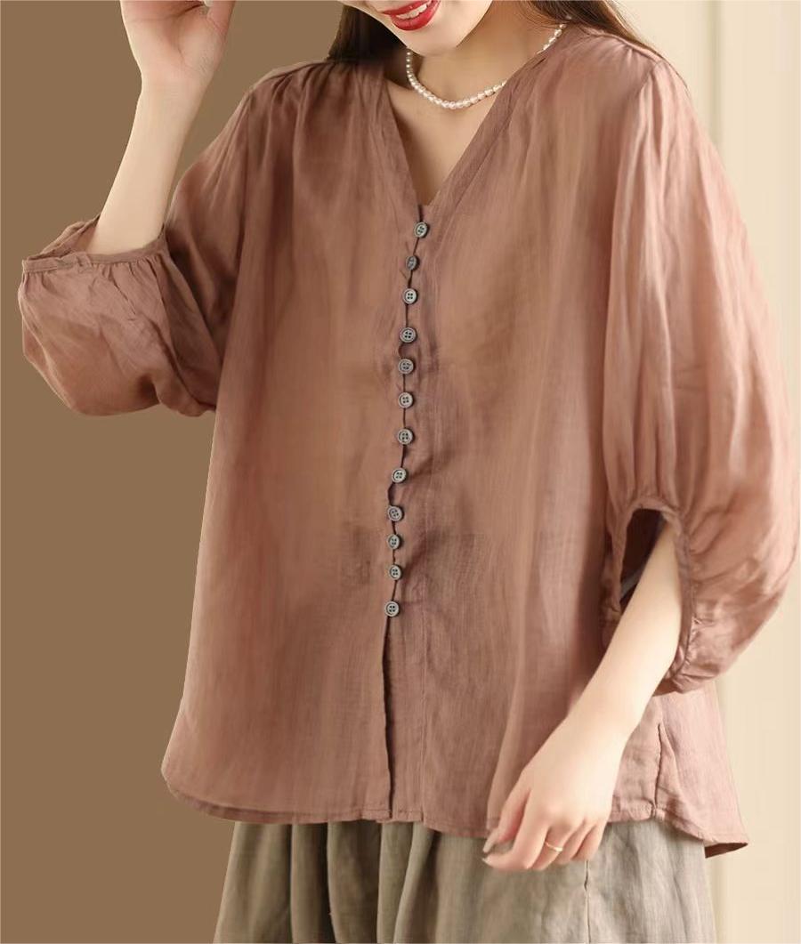 Green Ramie V-neck Blouse Short Sleeve