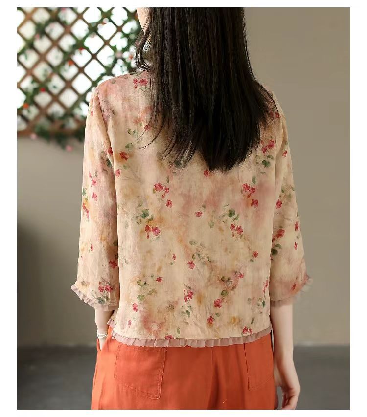 Floral Printed Ramie Short Sleeve Blouse