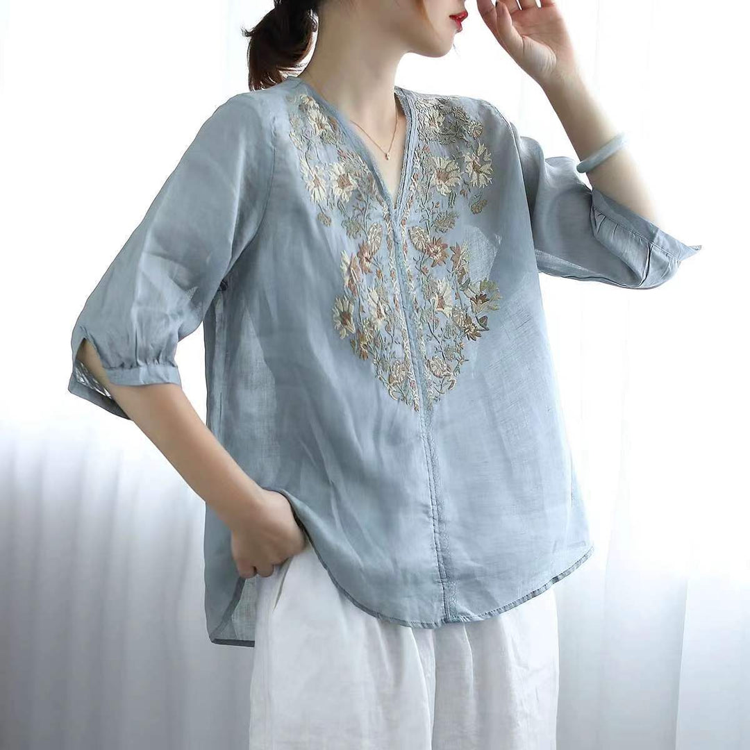 Light Blue Floral Embroidery V-Neck Blouse Short Sleeve