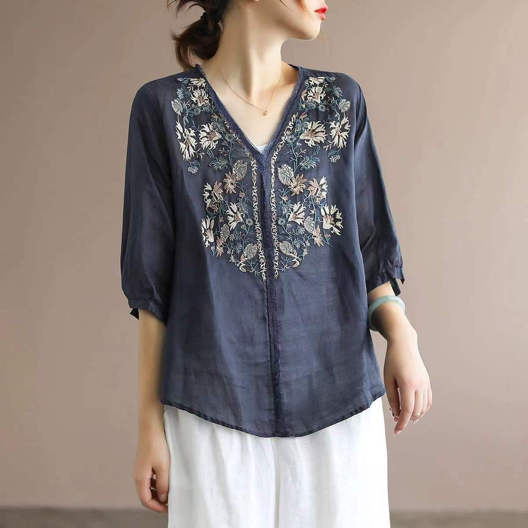 Light Blue Floral Embroidery V-Neck Blouse Short Sleeve