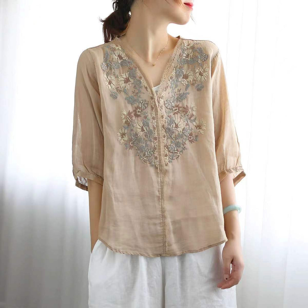 Light Blue Floral Embroidery V-Neck Blouse Short Sleeve