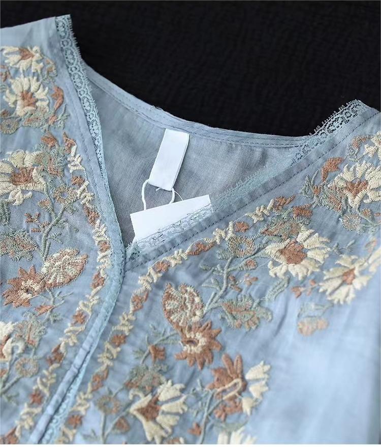 Light Blue Floral Embroidery V-Neck Blouse Short Sleeve