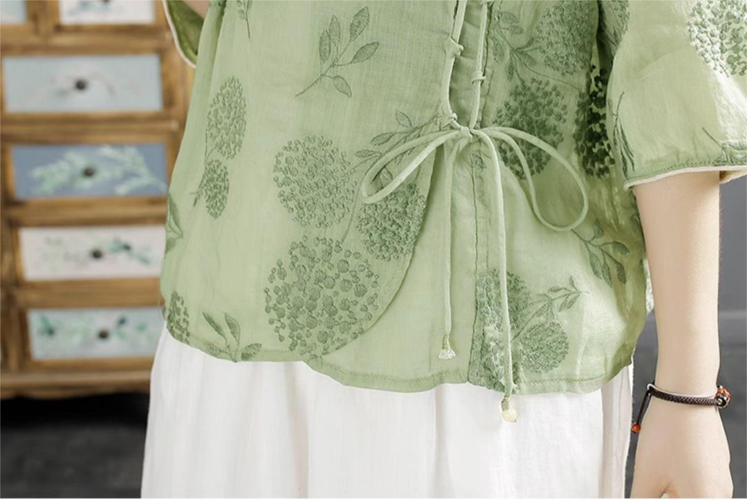 Women Retro Embroidered Linen Summer Blouse Short Sleeve