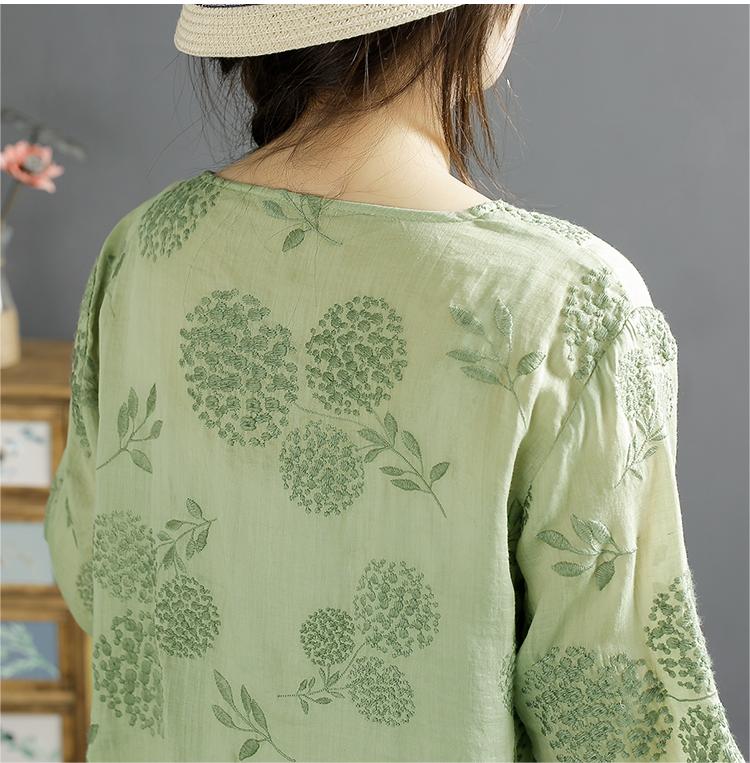 Women Retro Embroidered Linen Summer Blouse Short Sleeve