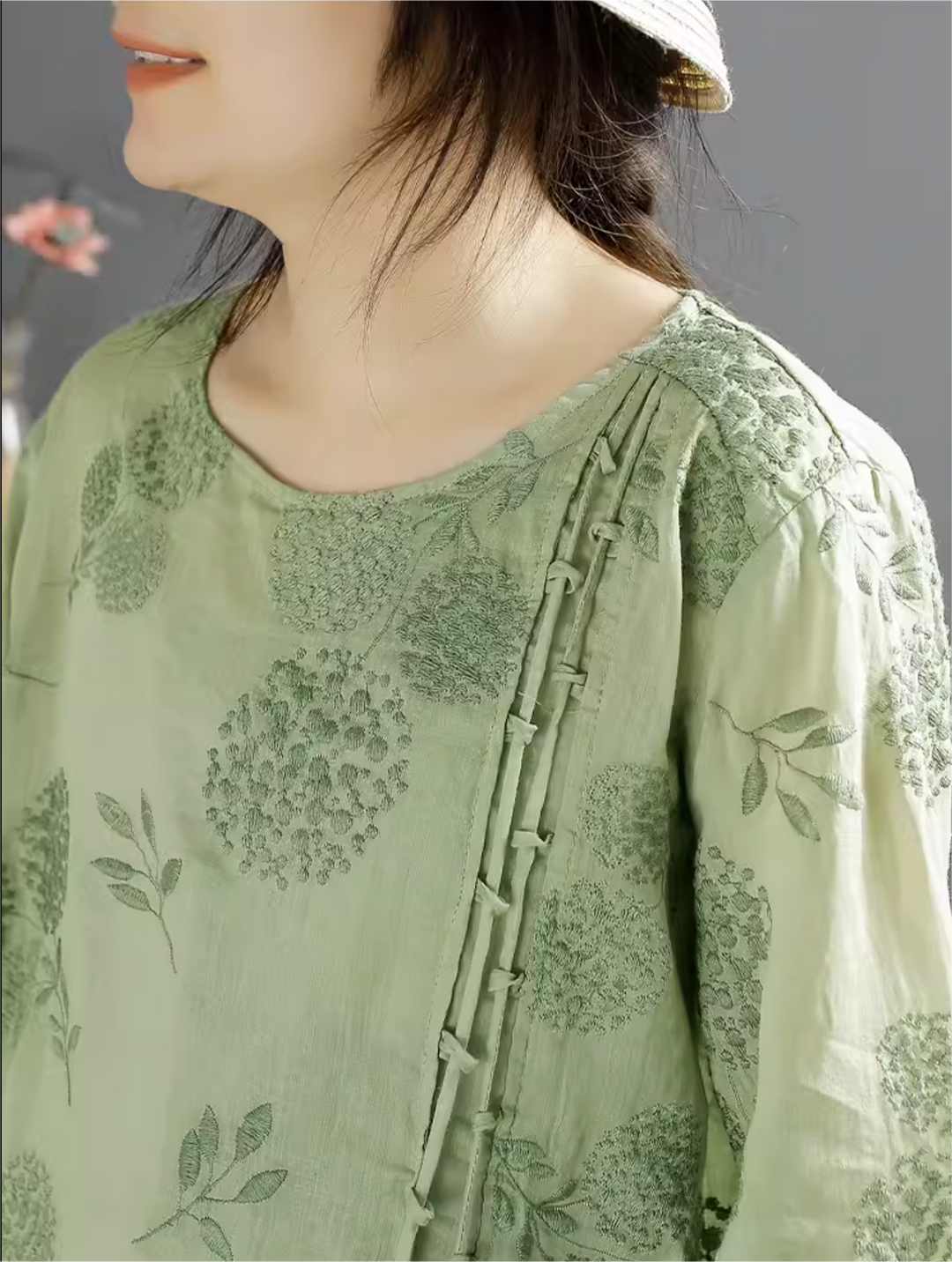 Women Retro Embroidered Linen Summer Blouse Short Sleeve