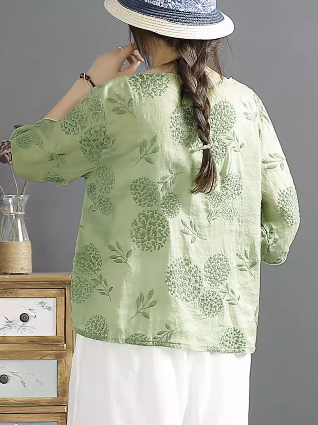 Women Retro Embroidered Linen Summer Blouse Short Sleeve