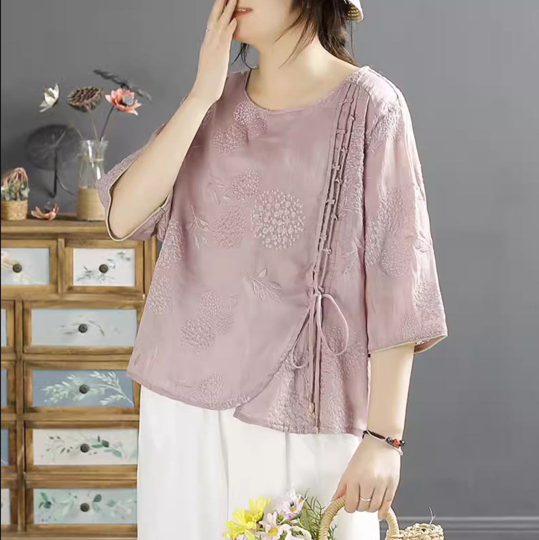Women Retro Embroidered Linen Summer Blouse Short Sleeve