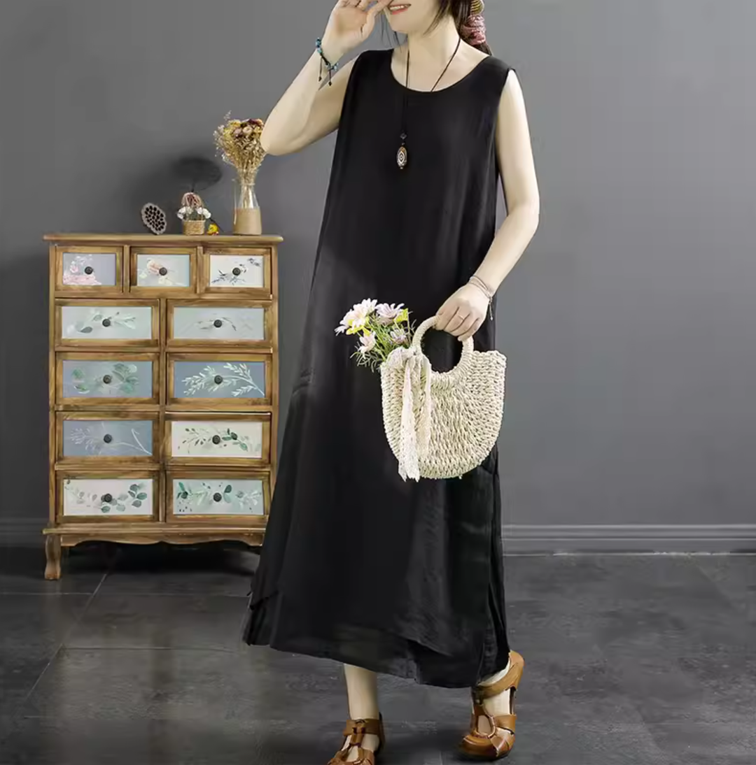 Women Retro Cotton Linen Summer Sleeveless Dress