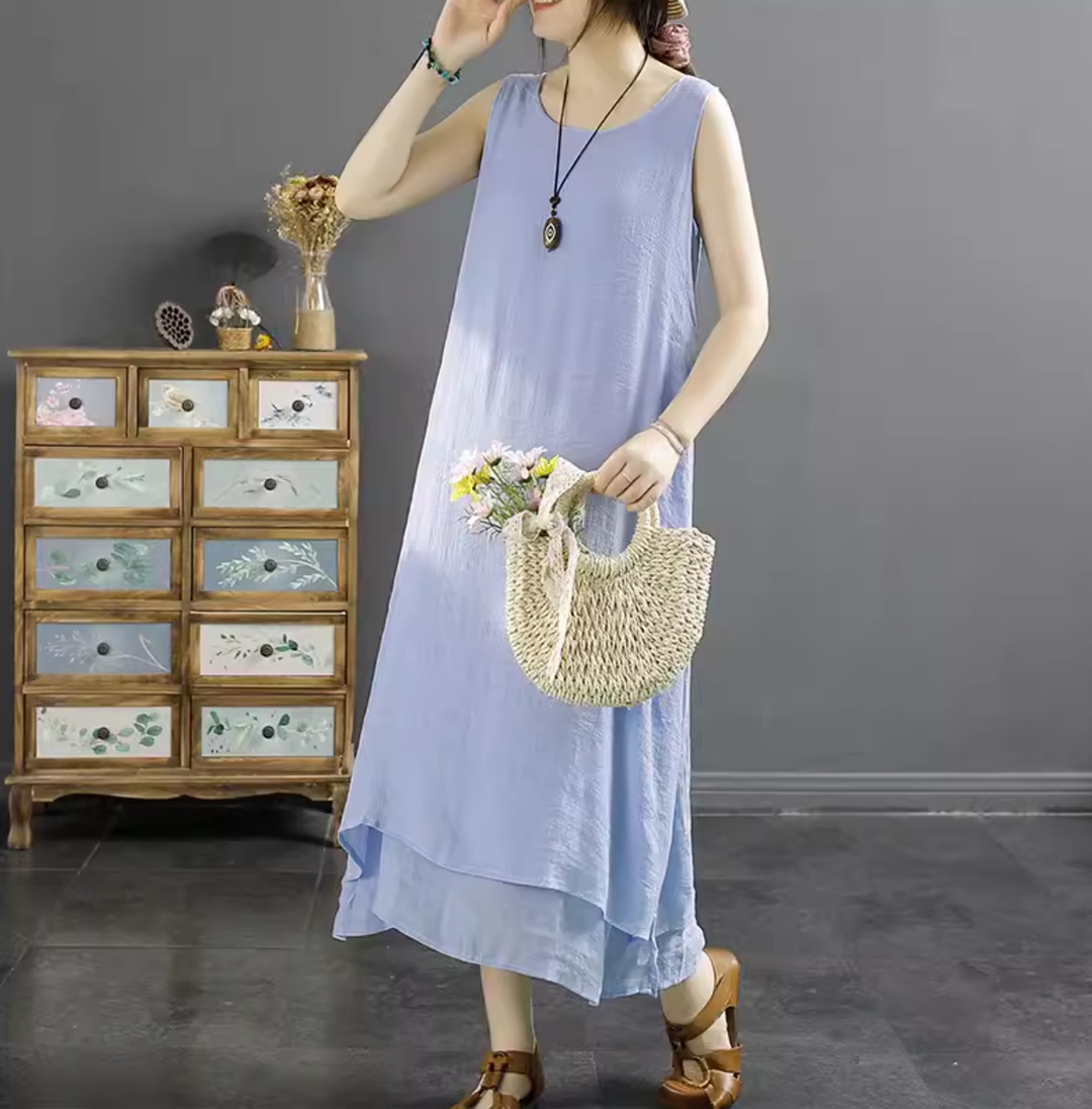 Women Retro Cotton Linen Summer Sleeveless Dress