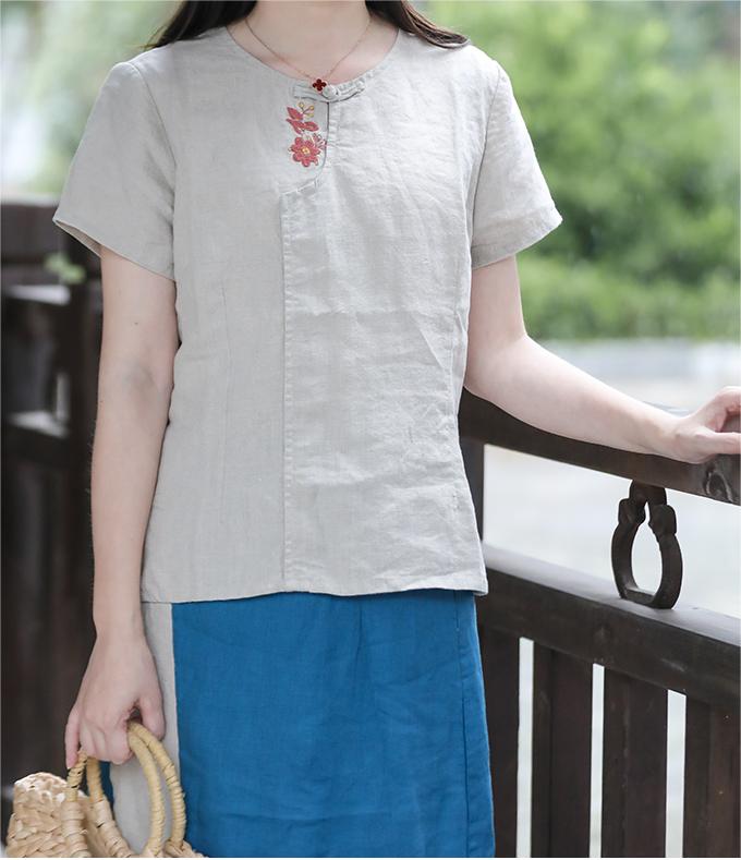Retro Floral Embroidered Linen Shirt Short Sleeve