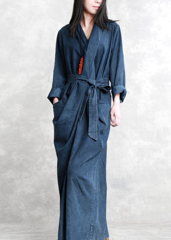 Baggy Denim Blue Long Cotton Dress Casual Side Open Cotton Maxi Dress Fine Tie Waist Caftans