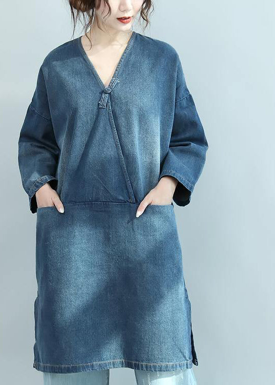 Denim Blue Natural Cotton Dress Plus Size V Neck Maxi Dress Long Sleeve