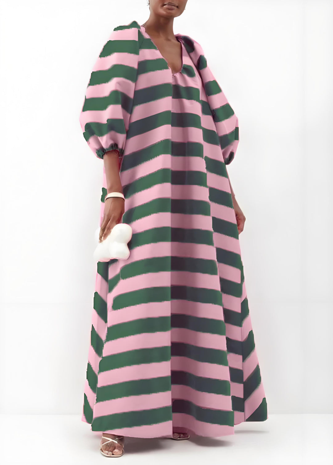 Loose Pink V Neck Striped Puff Sleeve Cotton Ankle Dress