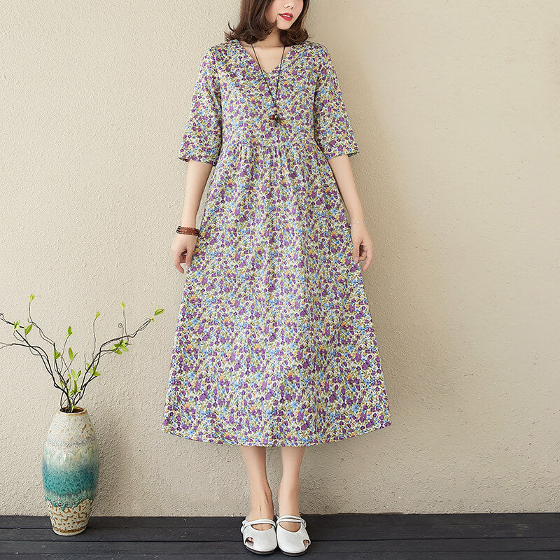 Loose Casual Summer Floral Printed Linen Dress