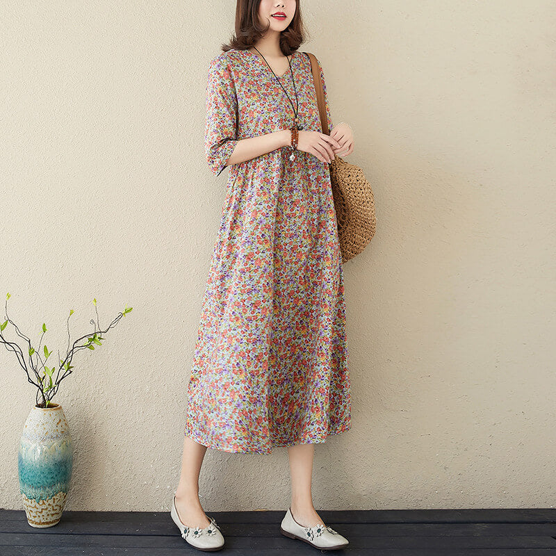 Loose Casual Summer Floral Printed Linen Dress