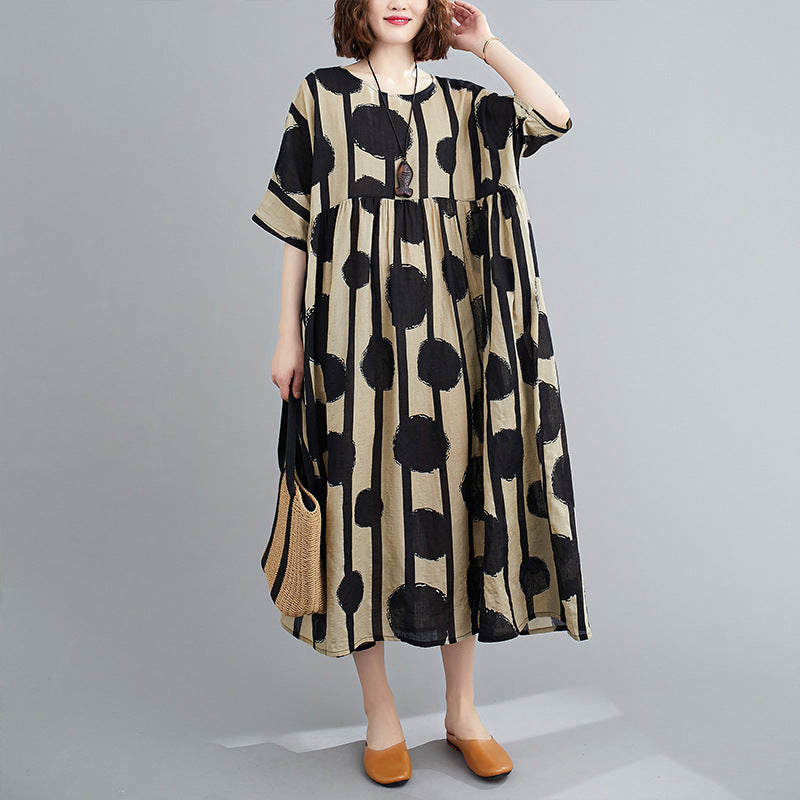 Loose Summer Polka-Dot Printed O-Collar Dress