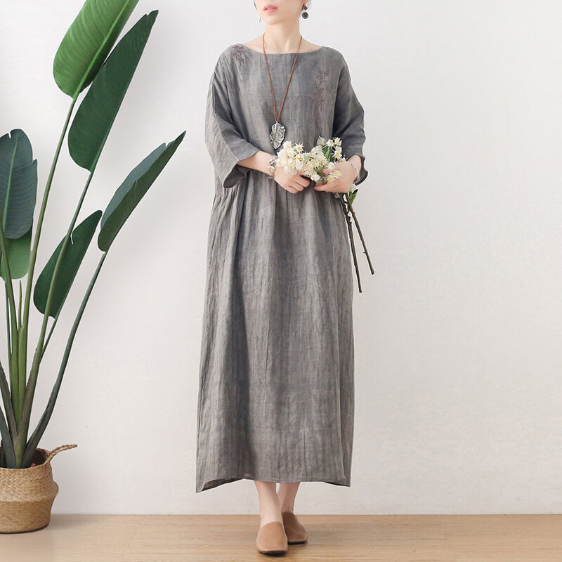 Summer Embroidered Short Sleeve Linen Dress