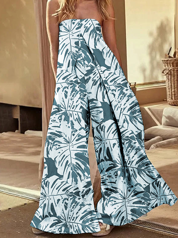 Leaves Print Pleated Pockets Tube Jumpsuits Sleeveless