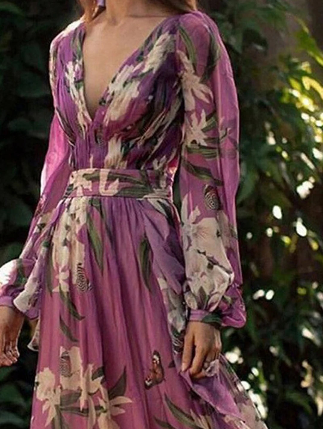 Elegant Butterfly Floral Pattern V Neck Maxi Dress