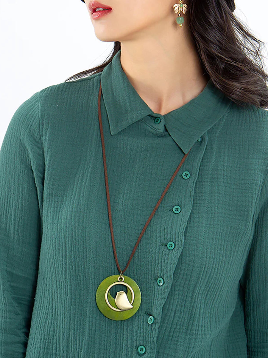 Cute Metal Bird-Shaped Circular Wooden Pendant Necklace