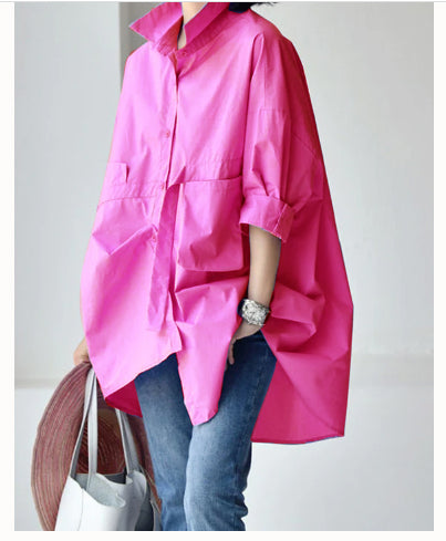 Pink Crane Peter Pan Collar Low High Design Cotton Shirt Long Sleeve - Omychic